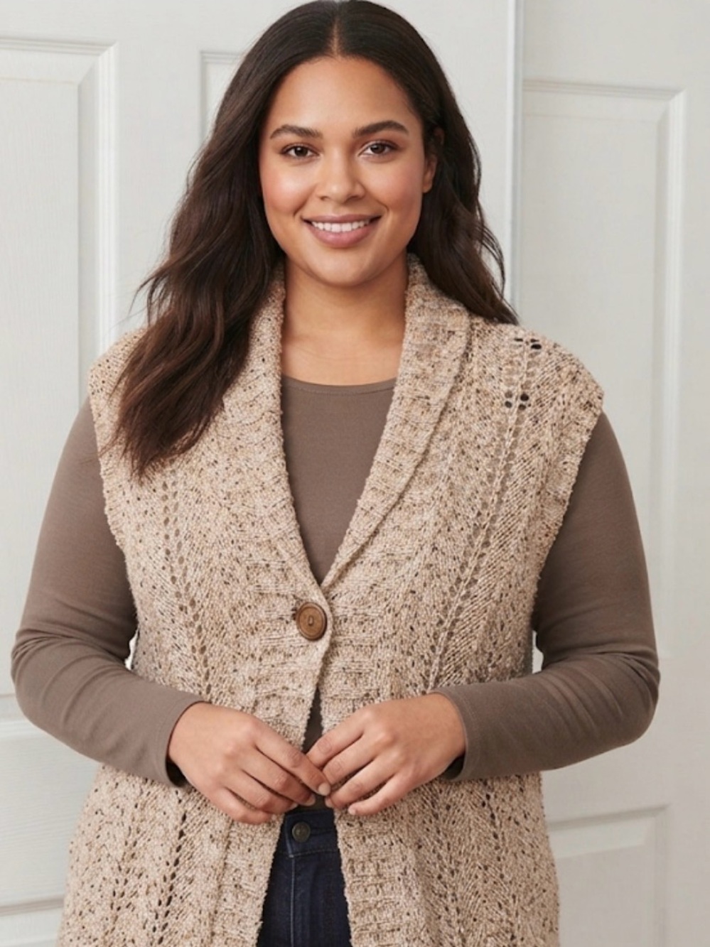 Coldwater Creek Neutral Beige Open-Knit Sleeveless Cardigan - Picture 3 of 5